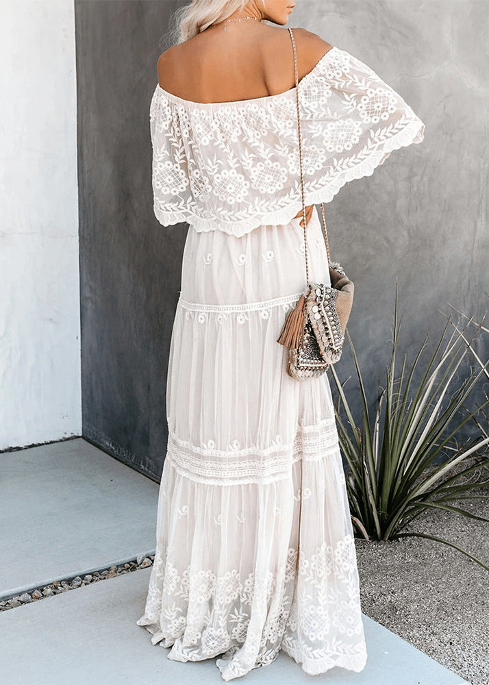 White Slash Neck Wrinkled Patchwork Lace Dress Summer