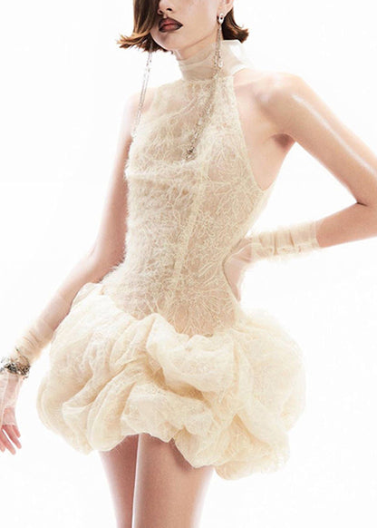 Apricot Turtleneck Patchwork Lace Mid Dress Sleeveless