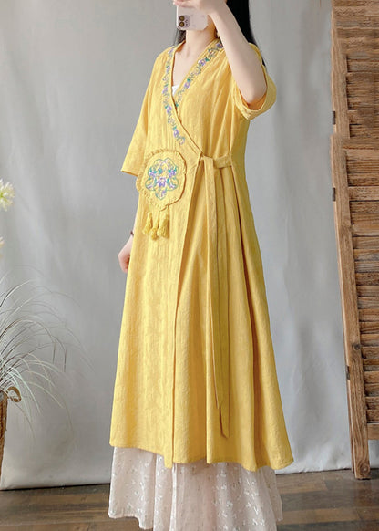 Yellow V Neck Embroidered Lace Up Cotton Cardigan Summer