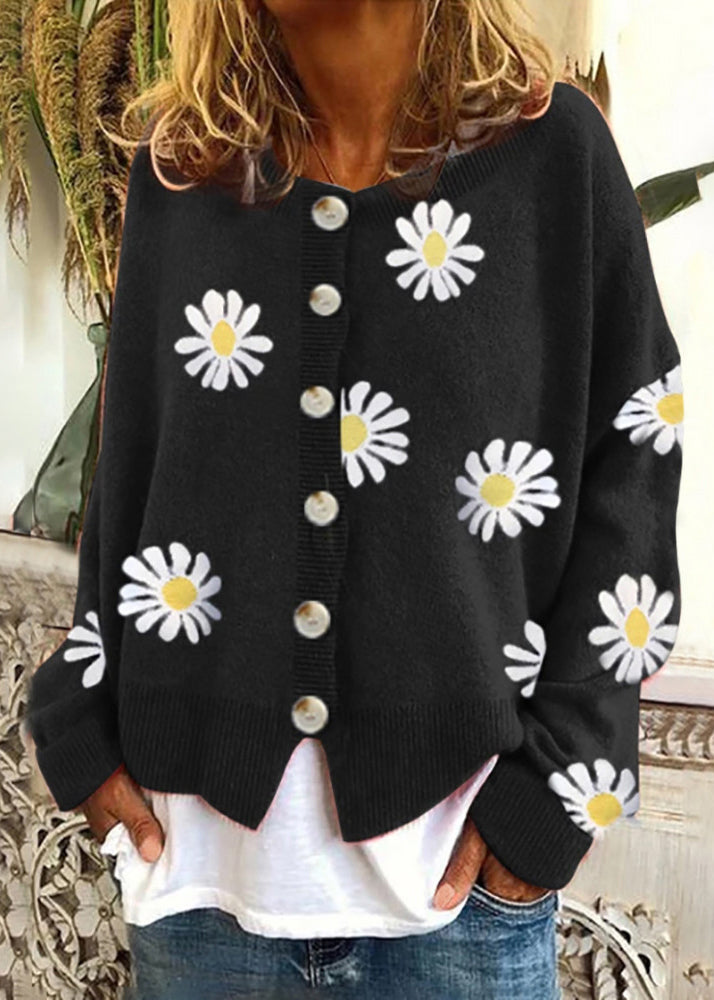 Orange Embroidered Button Knit Cardigan Fall