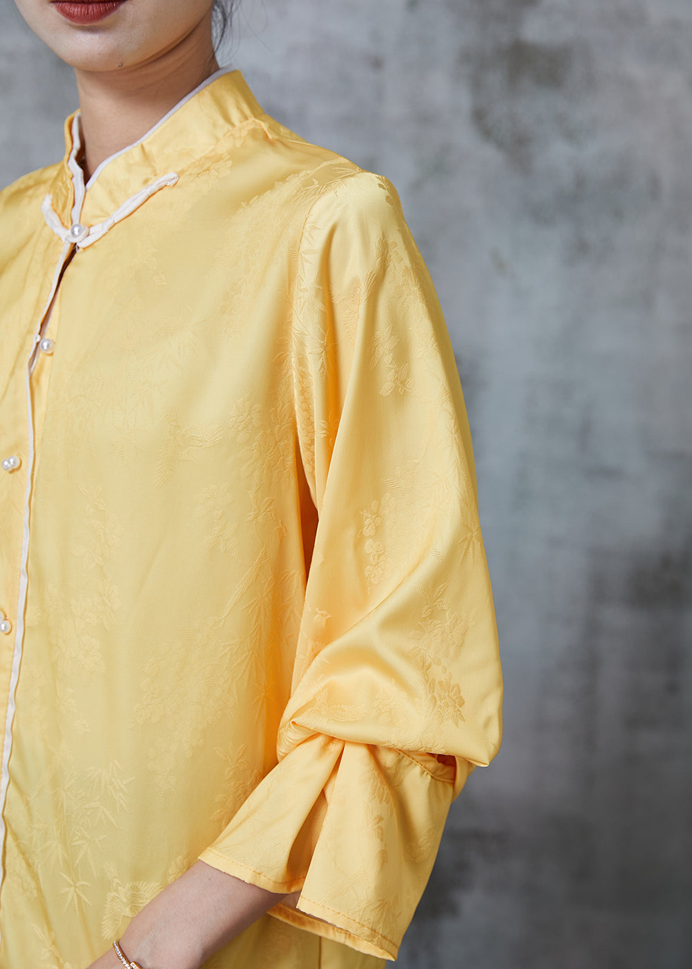 Yellow Mandarin Collar Jacquard Silk Shirt Tops Fall