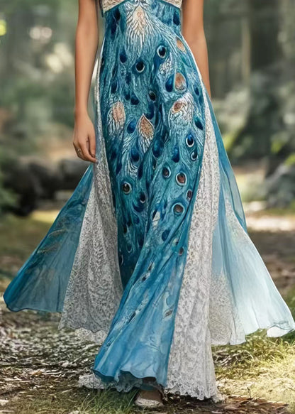 Peacock Blue Print Patchwork Exra Large Hem Chiffon Sundress Summer