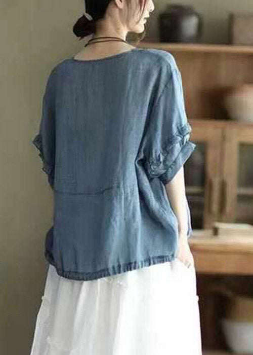 Retro Blue O-neck Ruffled Button Drawstring Top Half Sleeve