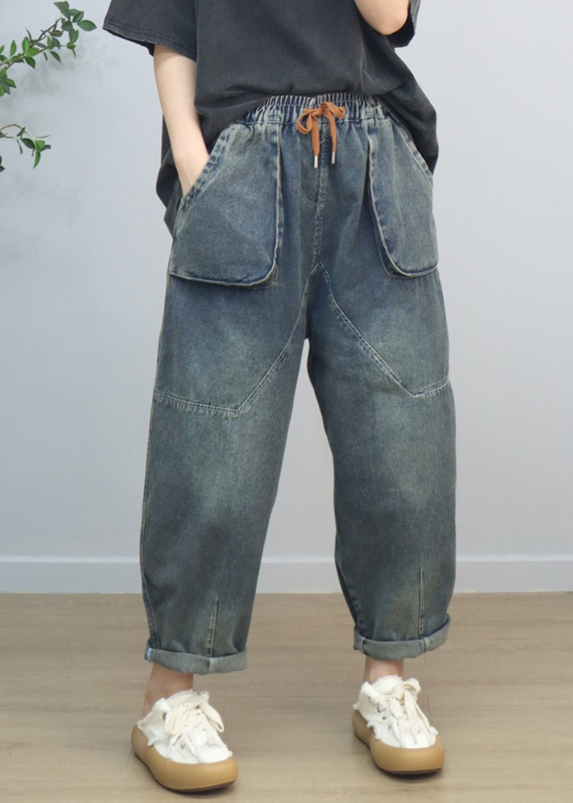 Blue Oversized Big Pockets Denim Harem Pants Spring
