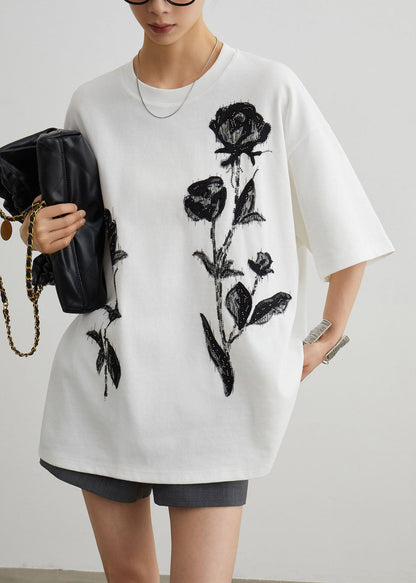 Stylish White O Neck Print Cotton T Shirt Top Summer