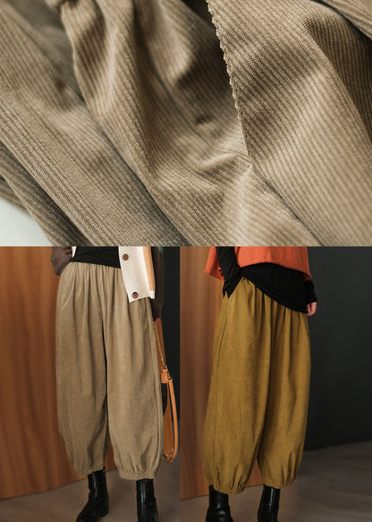 Yellow Elastic Waist Corduroy Harem Pants Fall