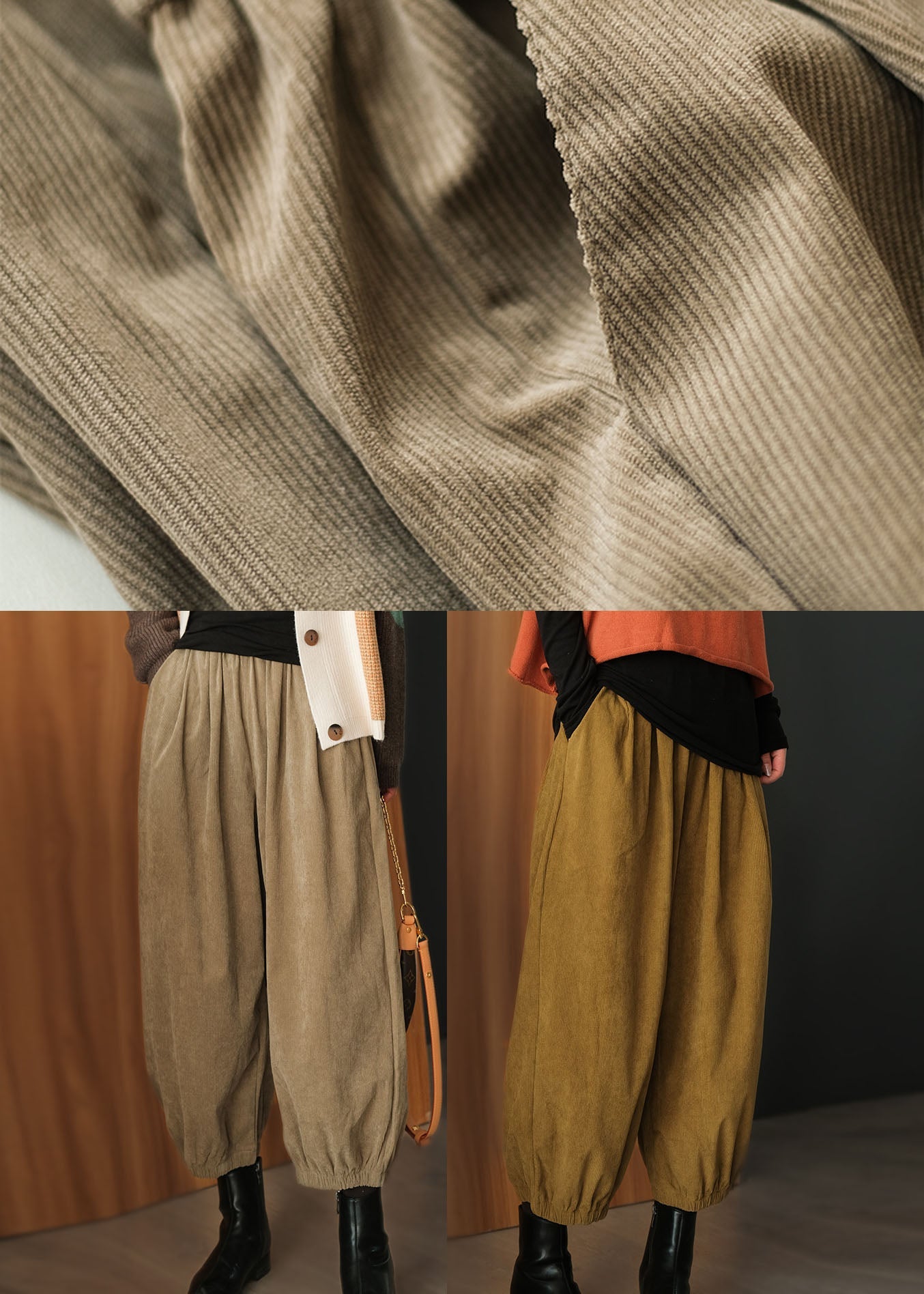 Khaki Corduroy Beam Pants High Waist Oversized Fall