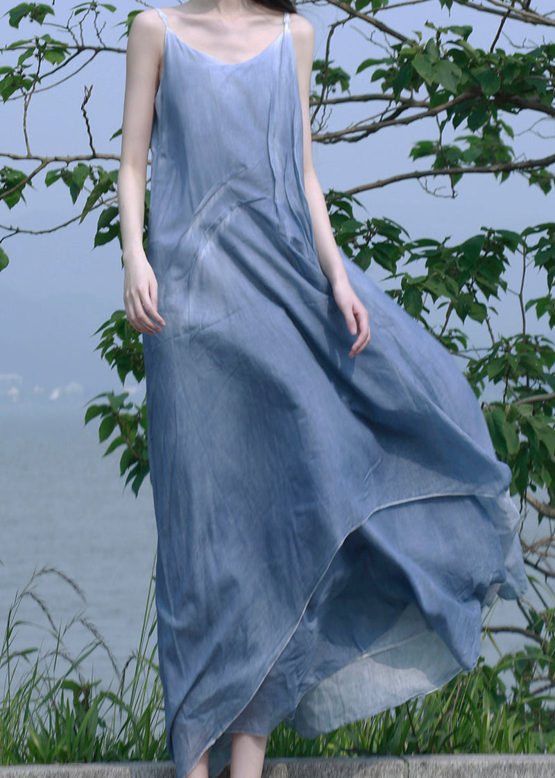 Blue Patchwork Cotton Spaghetti Strap Dress Summer
