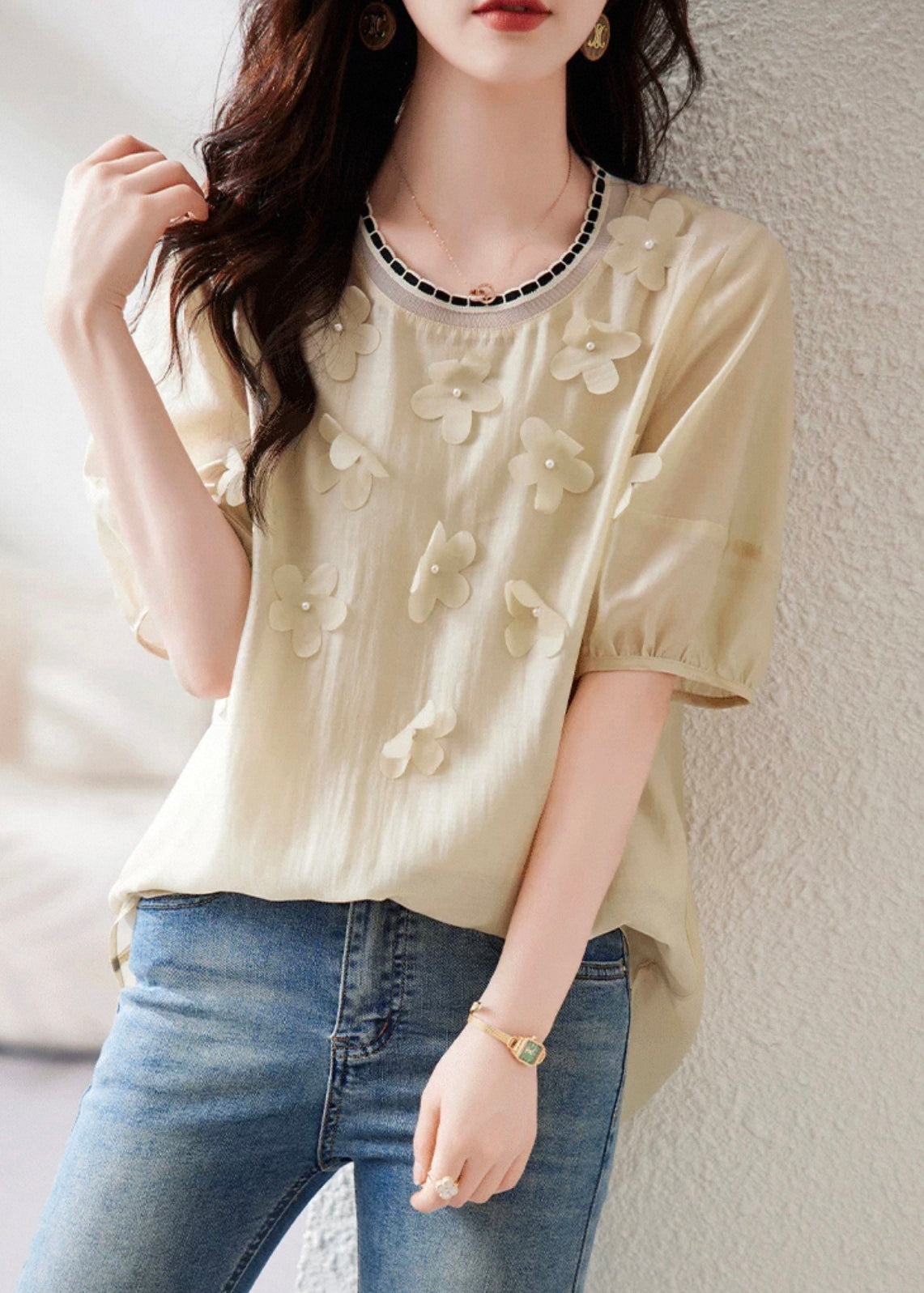 Khaki Patchwork Chiffon Summer Shirts O-neck