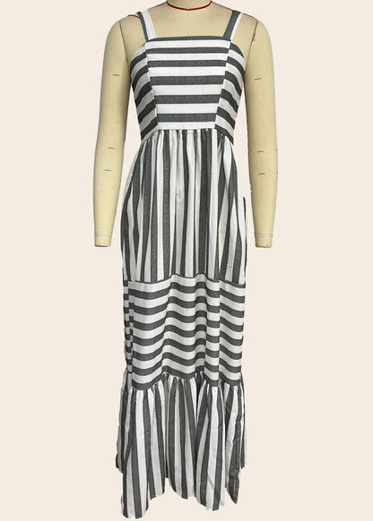 Grey Striped Wrinkled Cotton Spaghetti Strap Dresses Summer