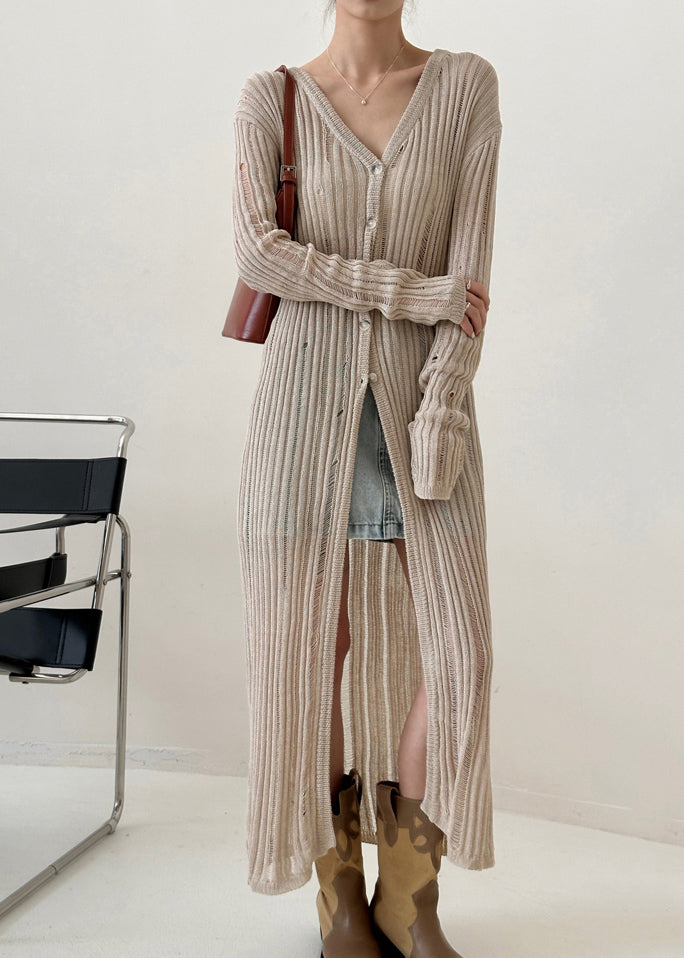 Black V Neck Hollow Out Ice Silk Knit Cardigan Fall