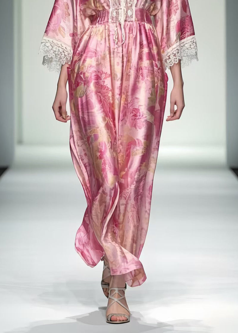 Pink Print Patchwork Lace Robe Dresses Summer