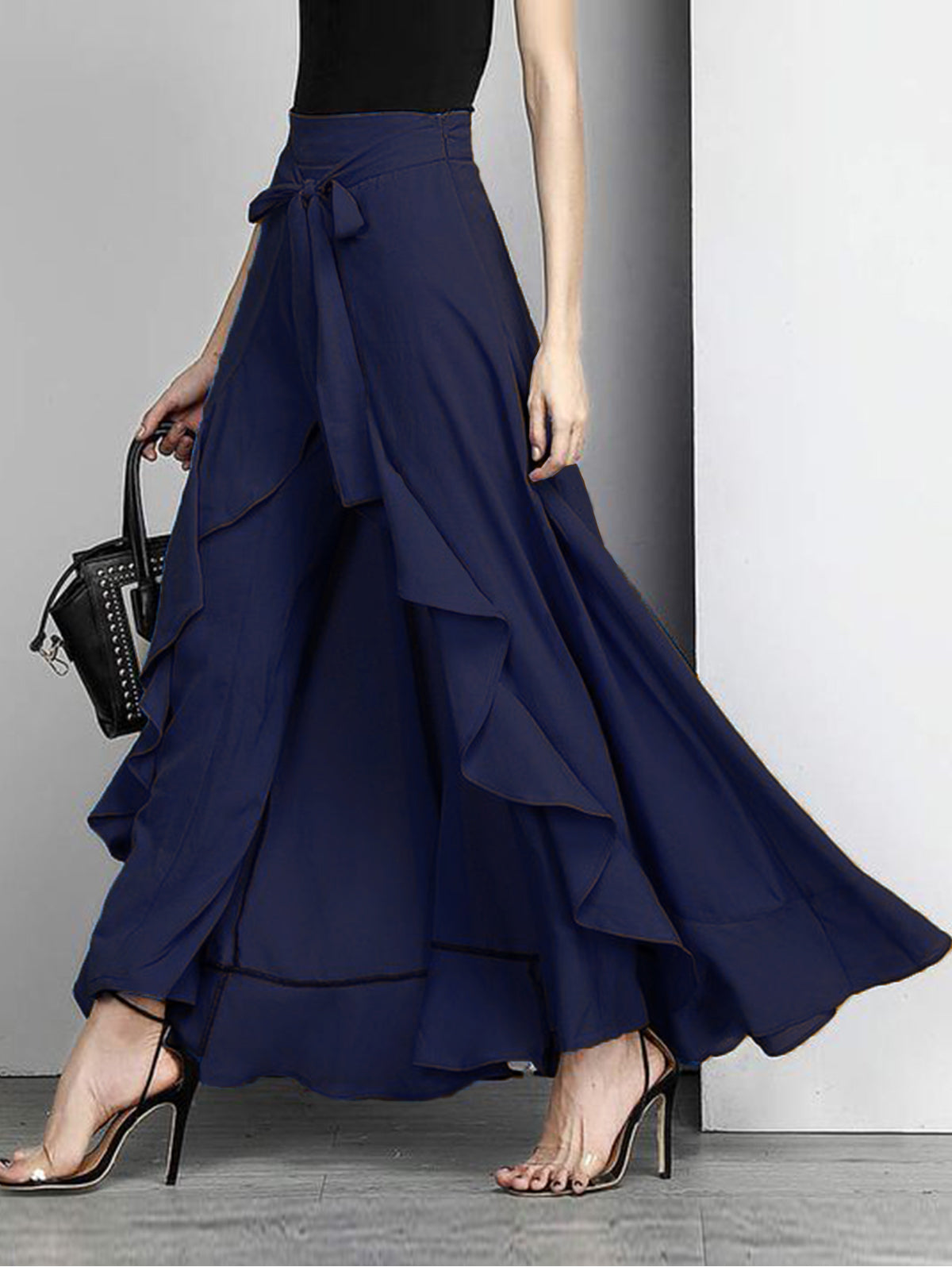Grey Waist Spliced Ruffle Hem Straight Leg Skirt