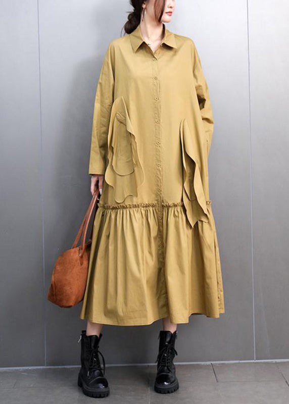 Yellow Peter Pan Collar Pockets Long Shirts Dresses Spring