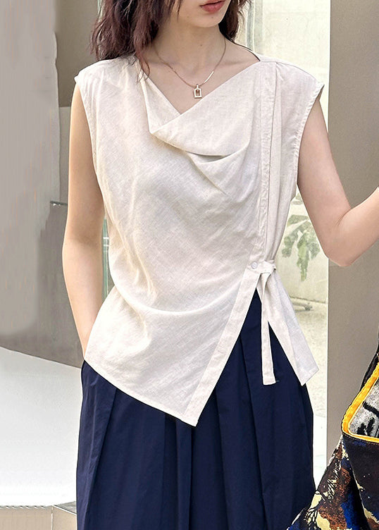 Beige Cotton Blouse Tops Turtle Neck Sleeveless