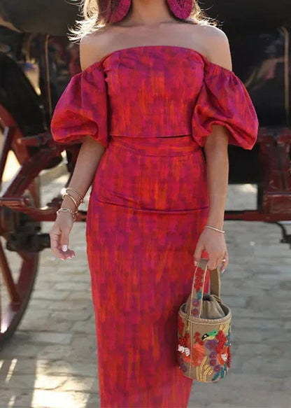 New Off Shoulder Top and Skirt Set Bubble Sleeves