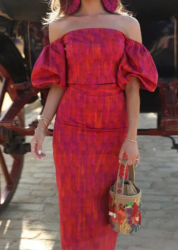 New Off Shoulder Top and Skirt Set Bubble Sleeves