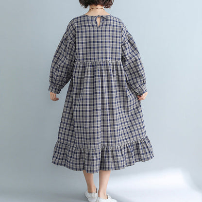 Apparel Loose Plaid Dress Cotton Linen Dresses