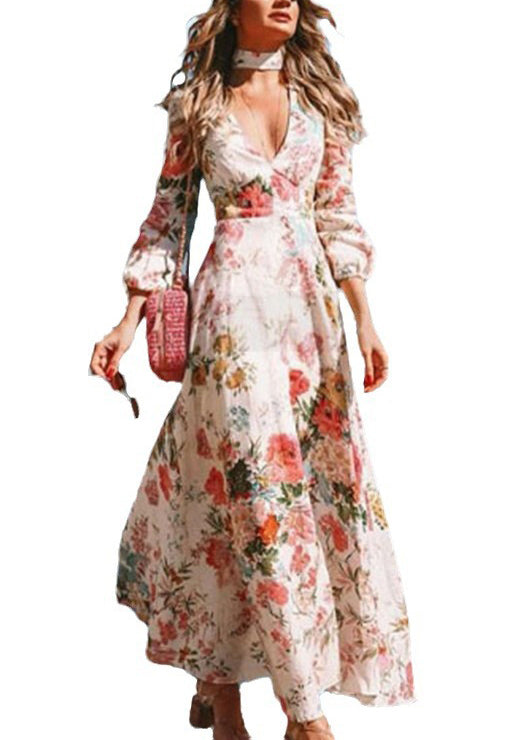 V Neck Print Cotton Dress Long Sleeve