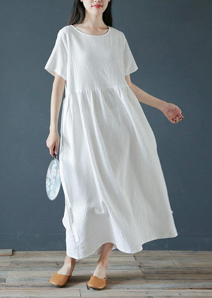 Style White Linen Cotton Dresses O Neck Jacquard Dresses Dresses