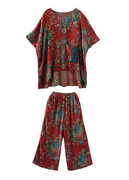 Red Print Pockets Patchwork Tops and Pants Cotton Two Pieces Set Summer
