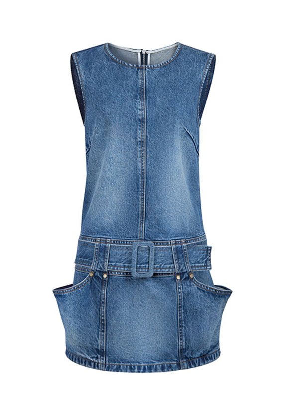 Blue O-neck Patchwork Sashes Denim Mid Dress Sleeveless
