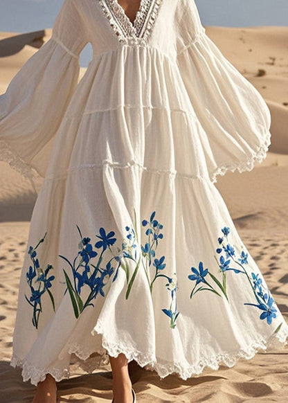 White V Neck Print Cotton Vacation Dresses Flare Sleeve