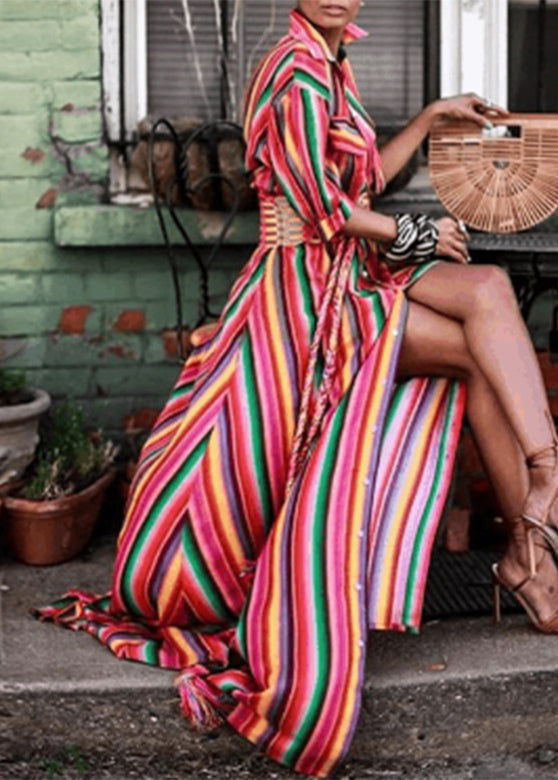 Rainbow Striped Button Tie Waist Maxi Shirts Dresses Summer