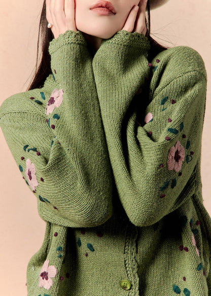Art Green Button Knit Cardigan Winter