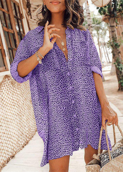 Khaki Peter Pan Collar Leopard Print Cotton Shirts Dresses Long Sleeve