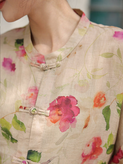 Flower Button-up Ramie Loose Shirt