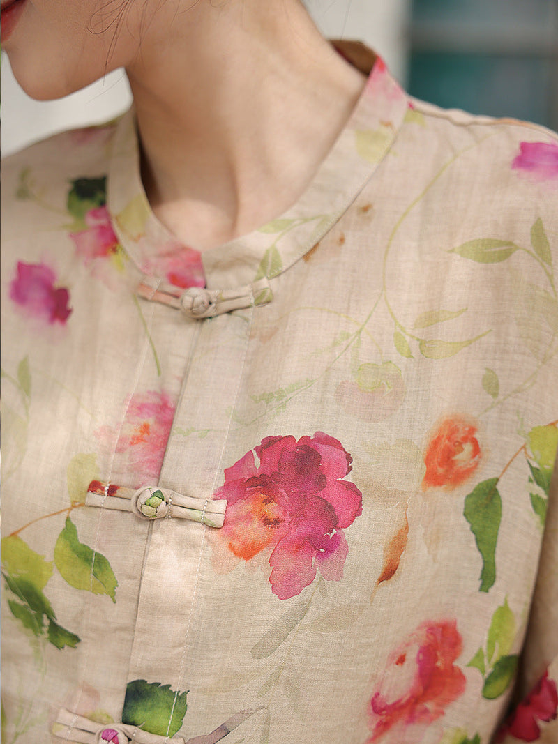 Flower Button-up Ramie Loose Shirt
