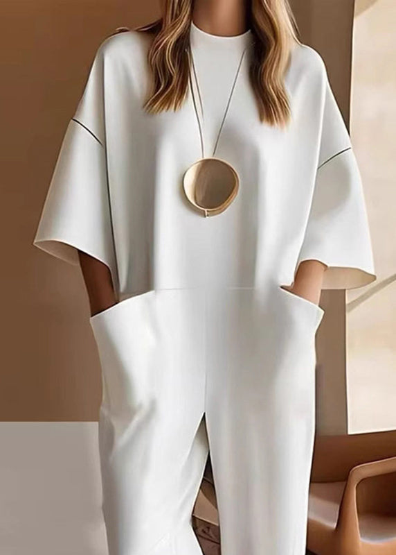 Style White O-neck Patchwork Pockets Jumpsuits Half Sleeve