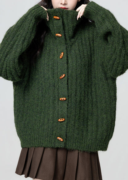 Green Stand Collar Button Cozy Knit Coat Winter