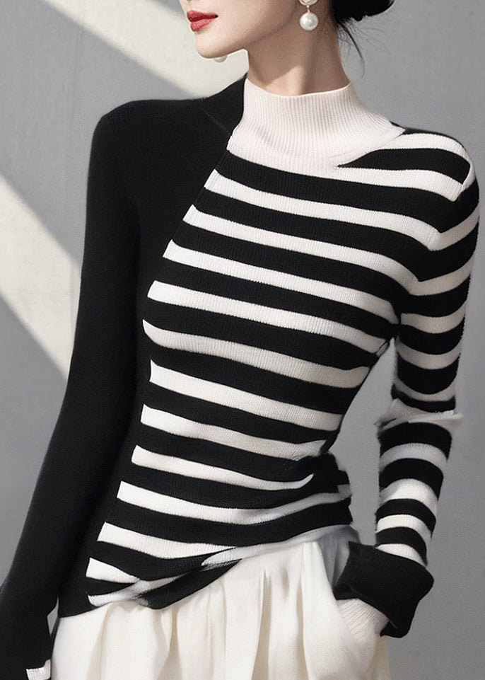Colorblock Hign Neck Striped Knit Sweaters Spring