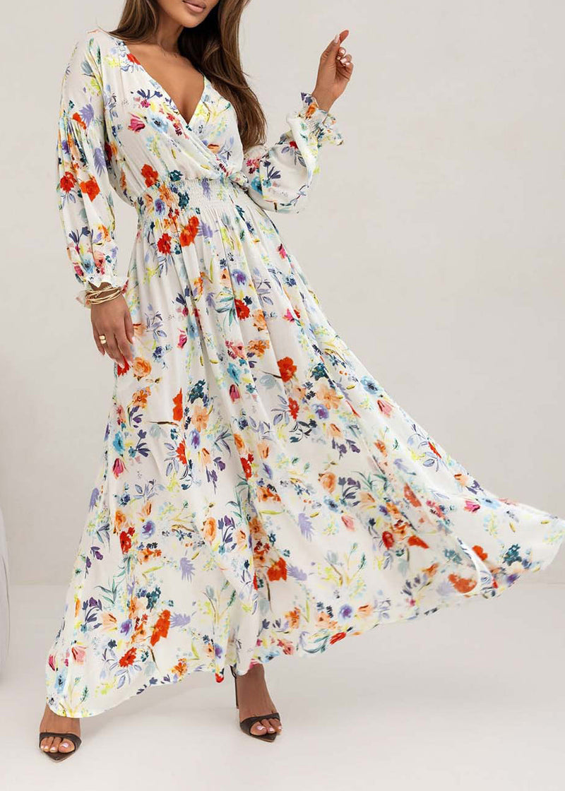 White V Neck Print Side Open Cotton Vacation Dresses Spring