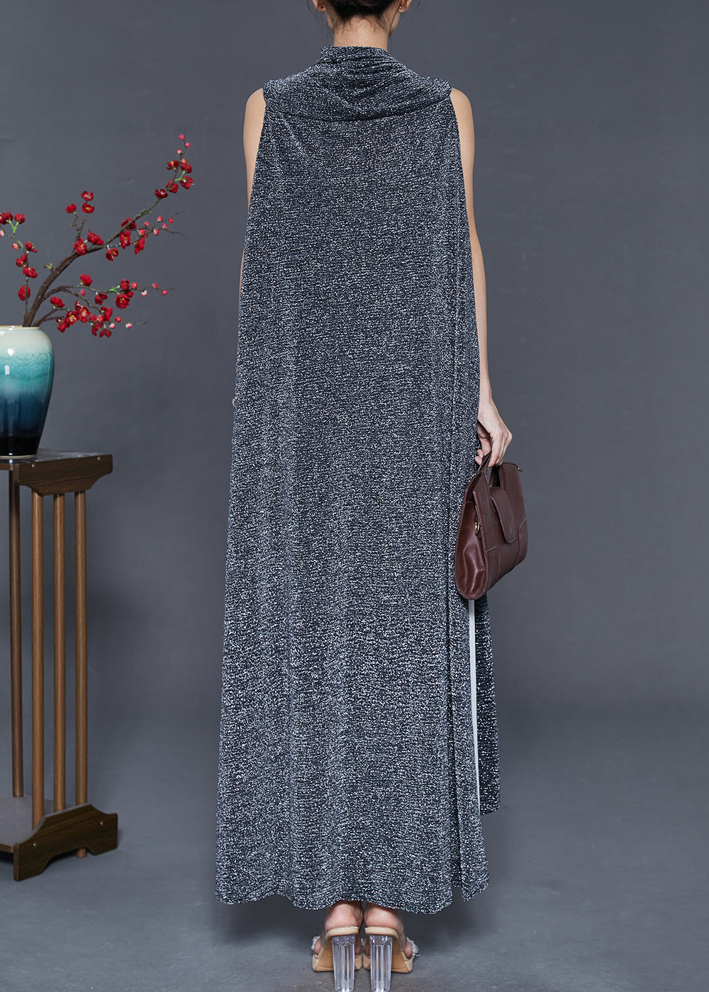 Black Turtle Neck Sequins Long Cardigan Spring