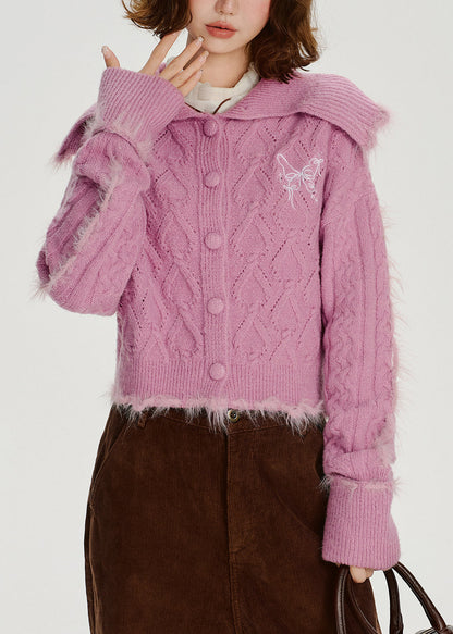Rose Sailor Collar Patchwork Faux Fur Knit Cardigan Winter