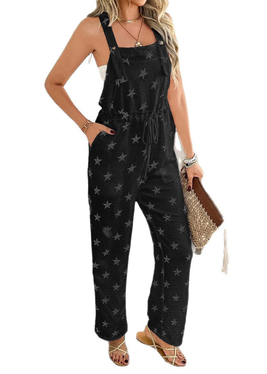 Blue Print Drawstring Cotton Overalls Jumpsuit Summer
