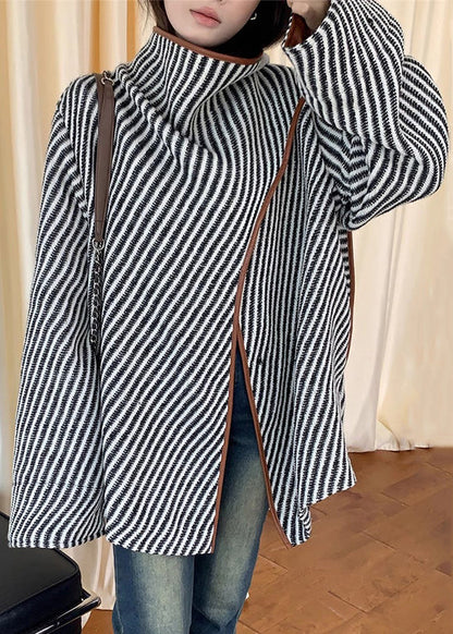 Loose Striped Asymmetrical Patchwork Woolen Coat Fall