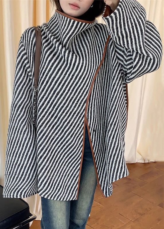 Loose Striped Asymmetrical Patchwork Woolen Coat Fall