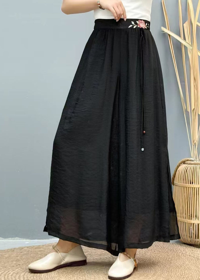 Black Tasseled Embroidered Linen Wide Leg Pants Summer