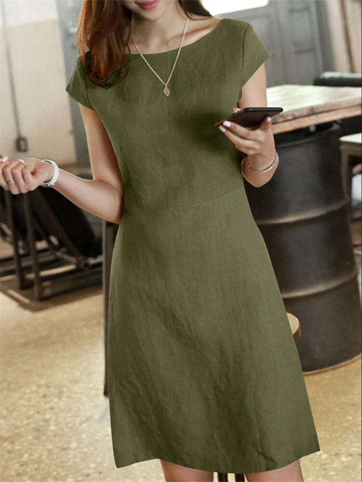 Comfortable Female Cotton and Linen Color Back Big V Hollow-out Round Neck Dress