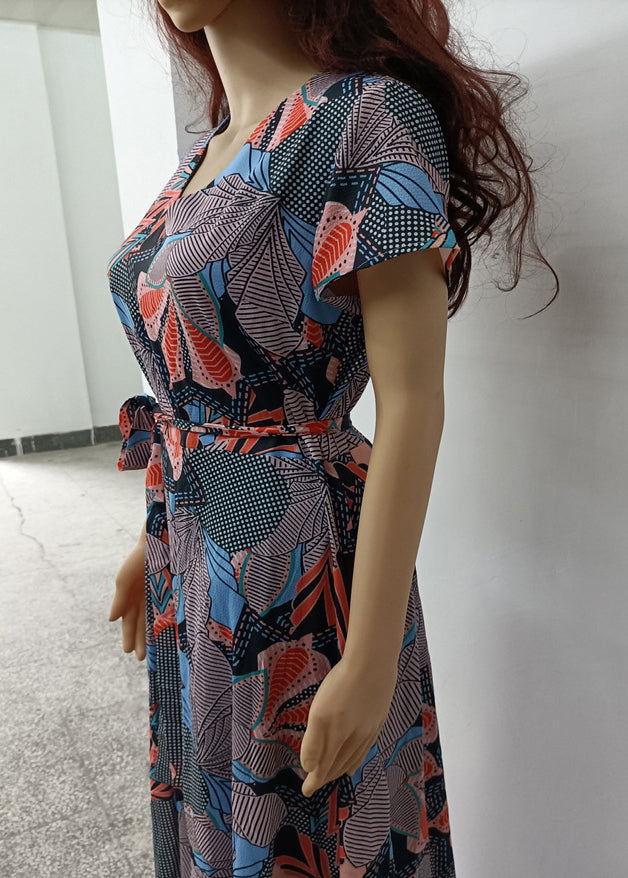 Red V Neck Print Side Open Cotton Long Dress Summer