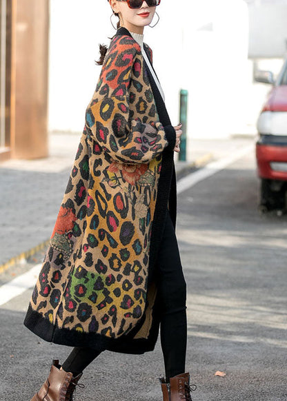Organic Leopard Loose Print Fall Knit Long Sleeve Cardigan