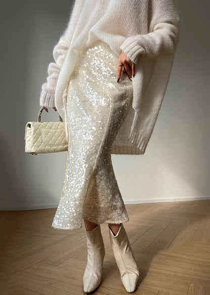 White Sequins High Waist High Waist Fishtail Skirts Spring