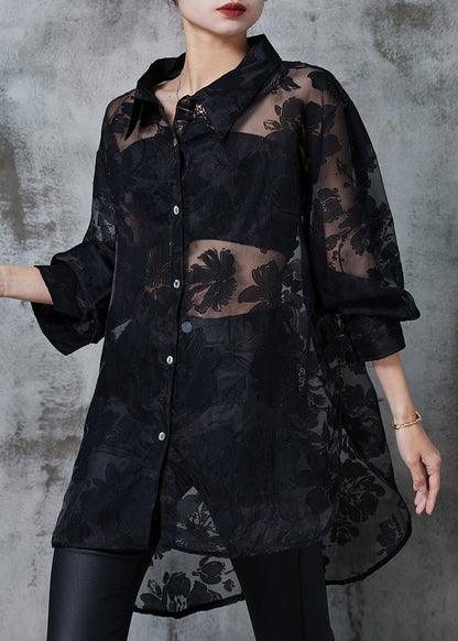 Black Oversized Jacquard Tulle Upf 50+ Shirt Summer