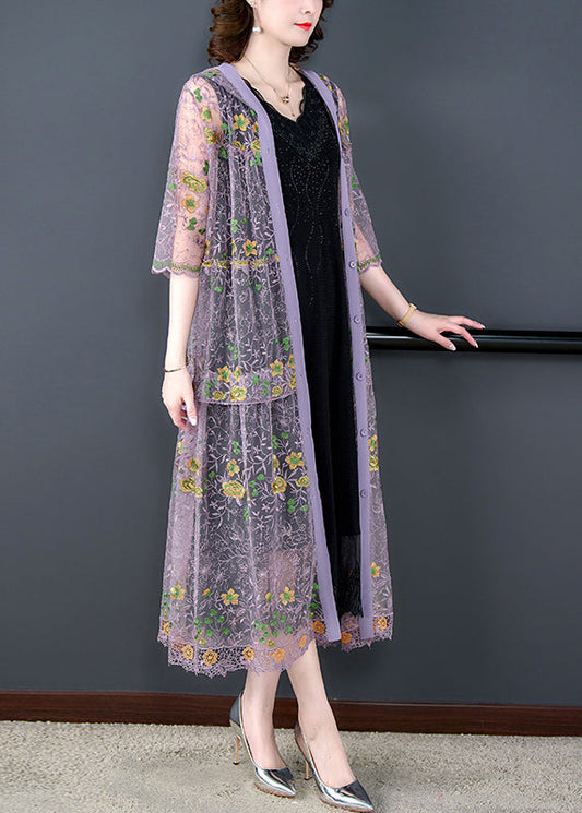 Purple Embroidered Tulle Upf 50+ Hooded Cardigan Spring
