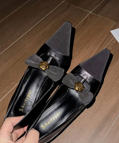 Black Sheepskin Splicing High Heels Bow Sequined