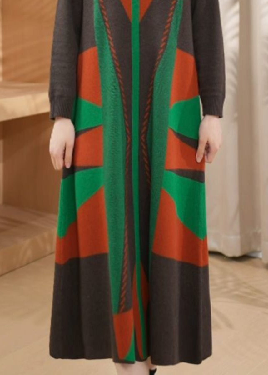 Green O Neck Geometric Woolen Long Knit Dress Winter